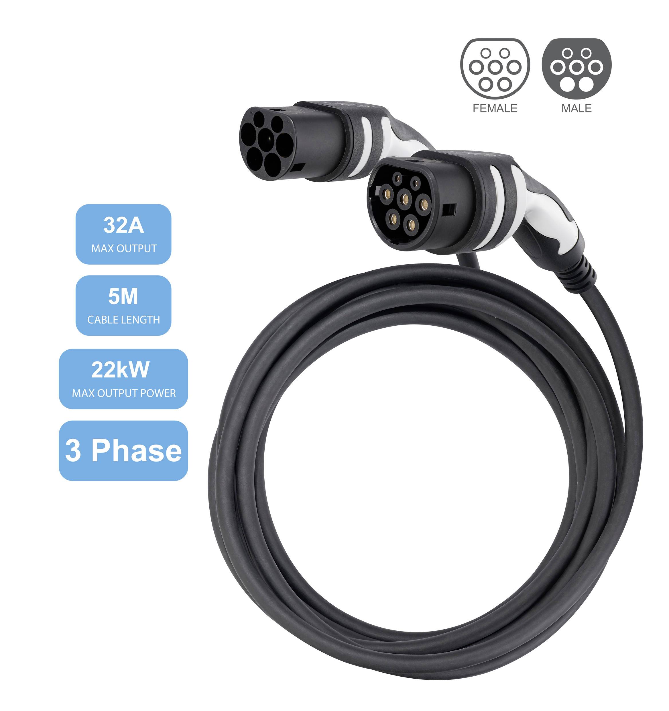 Kabel ładujące do pojazdów elektrycznych, 32A, długość 5m, maksymalna moc 22kW, podłączenie 3-fazowe, pokazujące wtyczkę żeńską i męską.