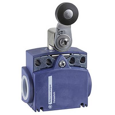 Niebieski wyłącznik krańcowy z dźwignią wykonaną z metalu i tworzywa sztucznego, przeznaczony do montażu w systemach mechanicznych do sterowania ruchami maszyn.