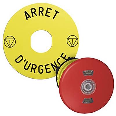 Przycisk awaryjnego zatrzymania z czerwonym przyciskiem na żółtym tle, oznaczony napisem 'Arret d'urgence', wskazujący na wyłączenie awaryjne w języku francuskim.