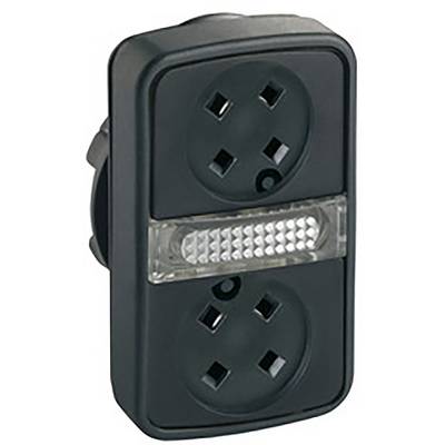 Czarny adapter z dwoma okrągłymi gniazdkami i prostokątnym światłem pośrodku, przeznaczony do oświetlenia w ciemnych pomieszczeniach.