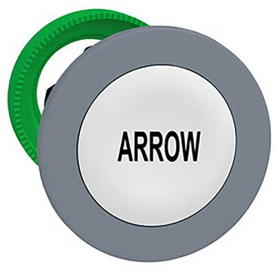 Okrągły przycisk z szarą obwódką i zielonym tłem wyświetla słowo 'ARROW' pośrodku.
