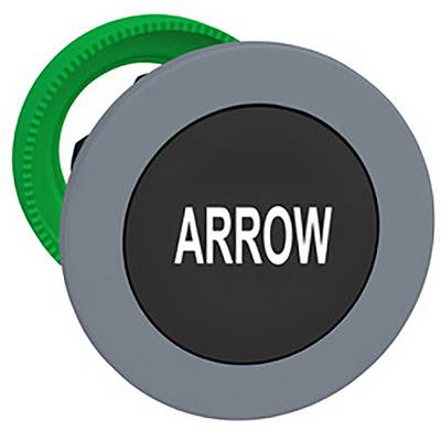 Okrągły szary przycisk z czarno-białym napisem 'ARROW', widoczna zielona krawędź.