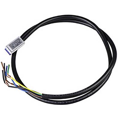 Czarny kabel z odsłoniętymi kolorowymi przewodami na końcu, odpowiedni do podłączania urządzeń elektrycznych.