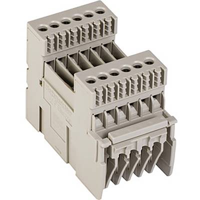 Szary złącznik wtykowy z tworzywa sztucznego o wielu gniazdach, przeznaczony do łączenia przewodów elektrycznych w zastosowaniach przemysłowych.