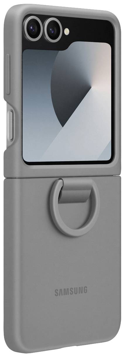 Składany smartfon w szarej obudowie z uchwytem pierścieniowym. Podwójny aparat i wyświetlacz są widoczne.