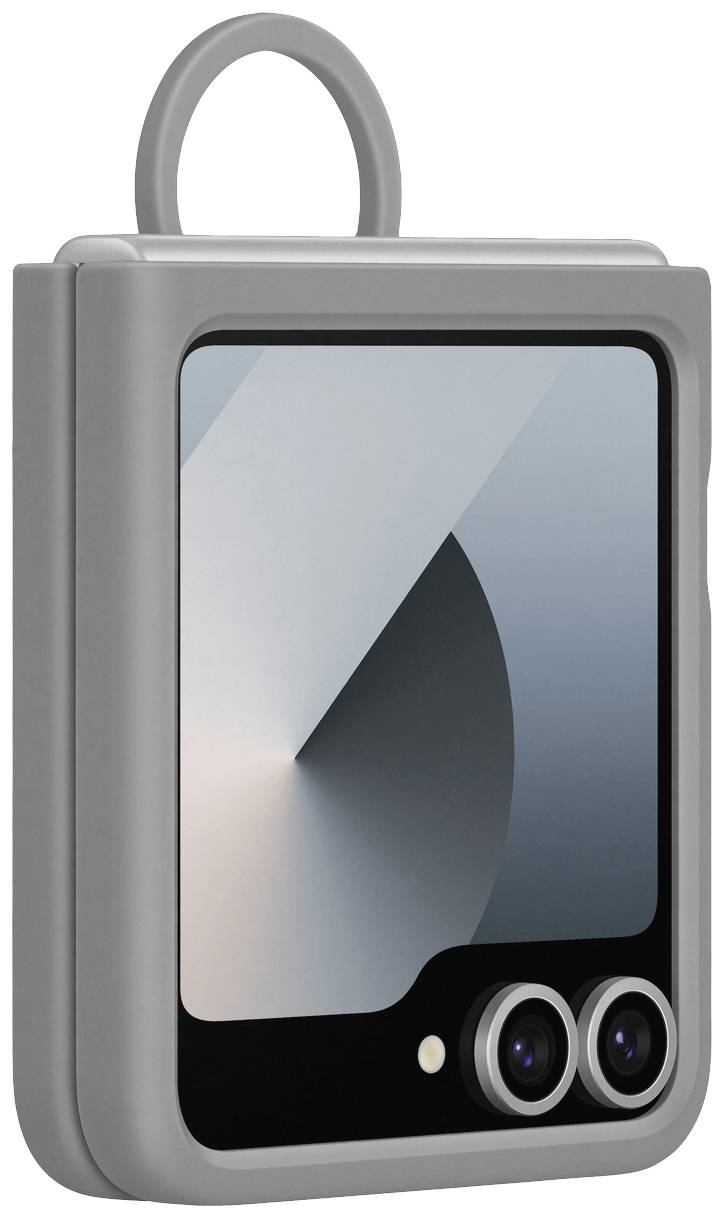 Szary, prostokątny sprzęt z zaokrąglonymi krawędziami i dwoma obiektywami kamery z przodu; ekran wyświetlacza prezentuje wzór geometryczny.