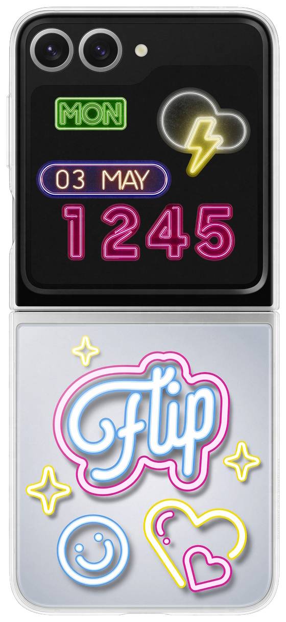 Złożony smartfon w neonowym designie wyświetla datę '03 MAJ', godzinę '12:45' oraz słowo 'Flip'.