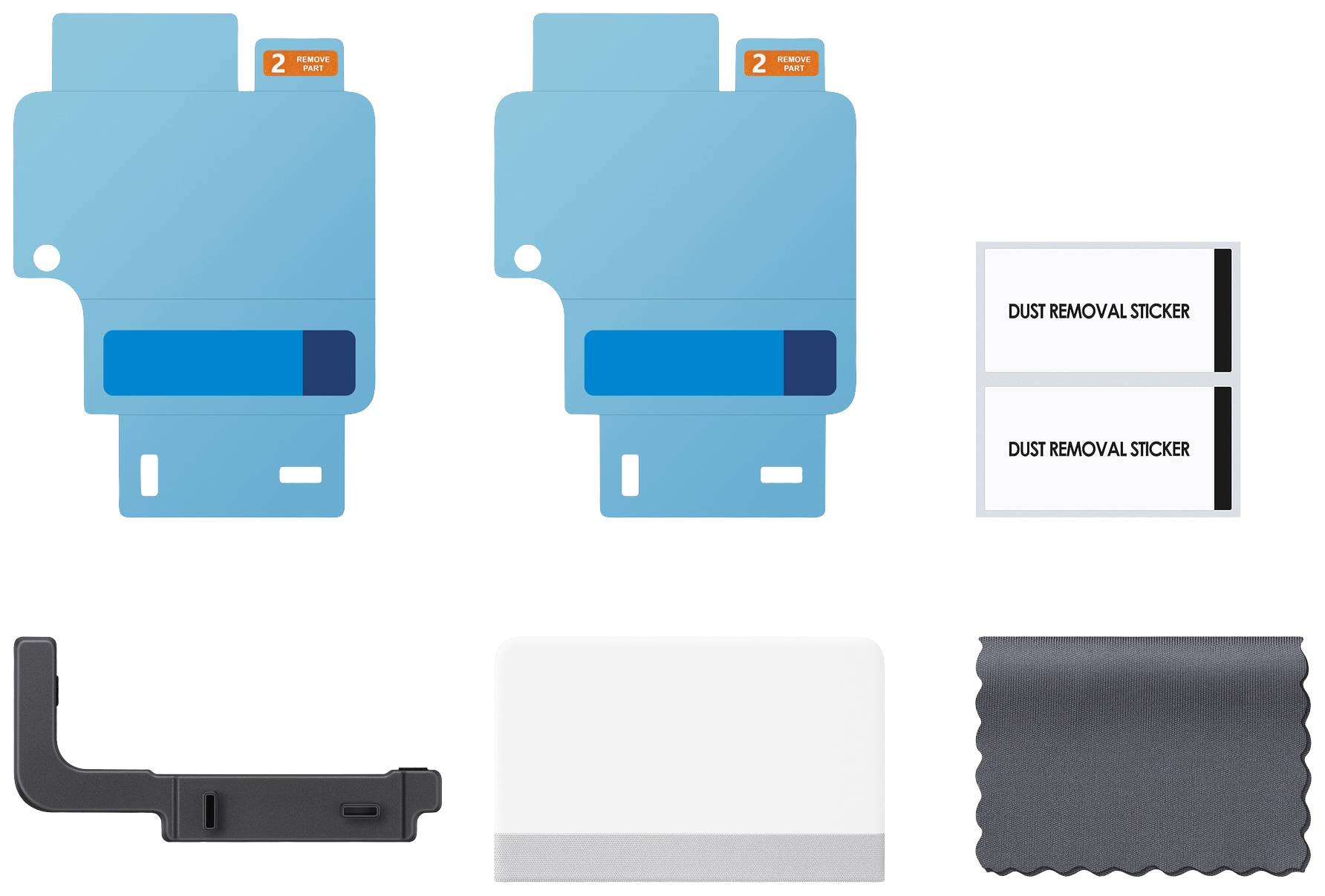 Zestaw akcesoriów do ochrony wyświetlacza: Dwie niebieskie folie ochronne, dwa naklejki do usuwania kurzu, narzędzie do aplikacji oraz ściereczka do czyszczenia.