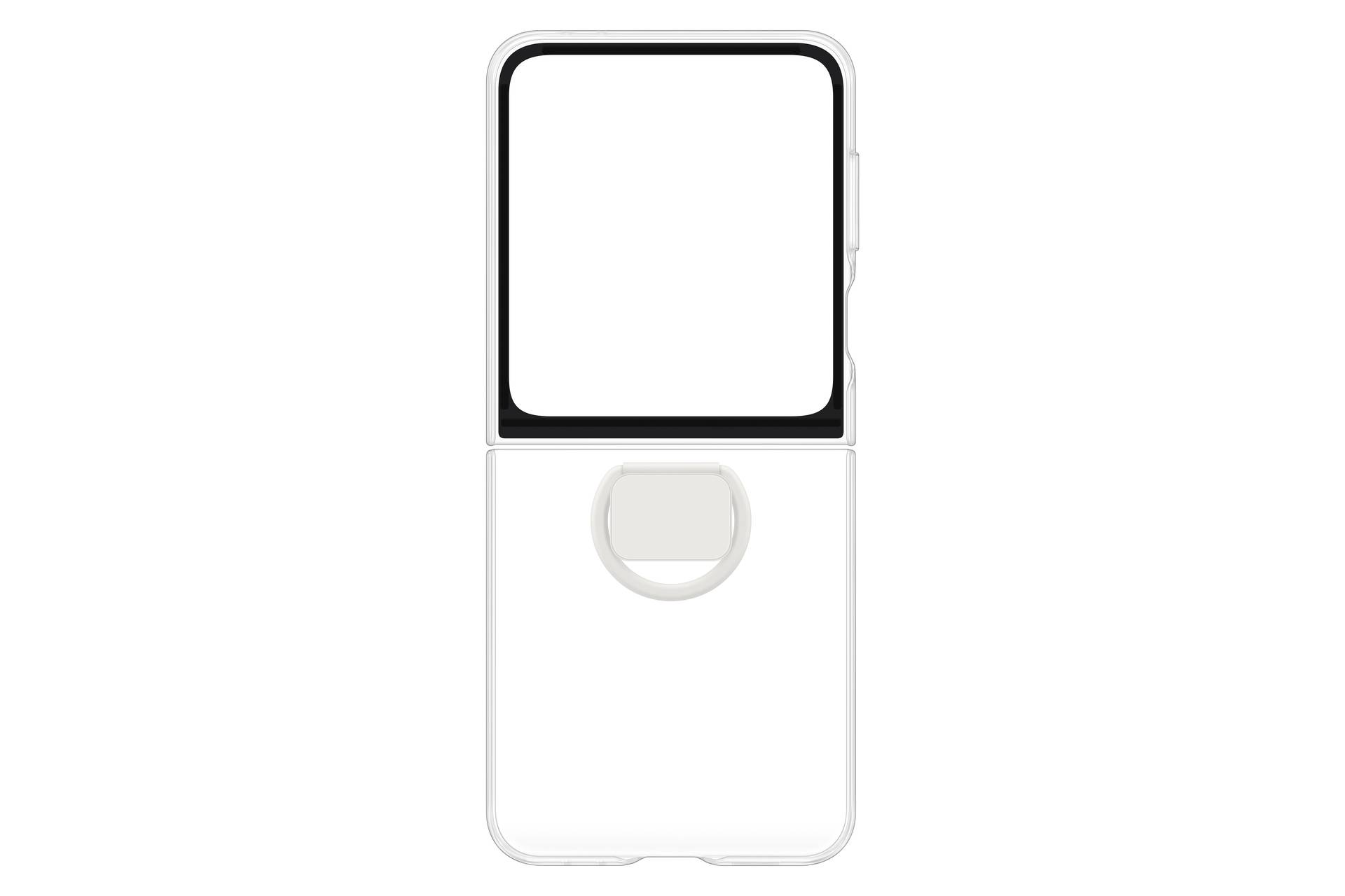Biała obudowa na telefon z kwadratowym wycięciem u góry i okrągłym wycięciem na środku u dołu, dopasowana do określonego modelu telefonu składanego.
