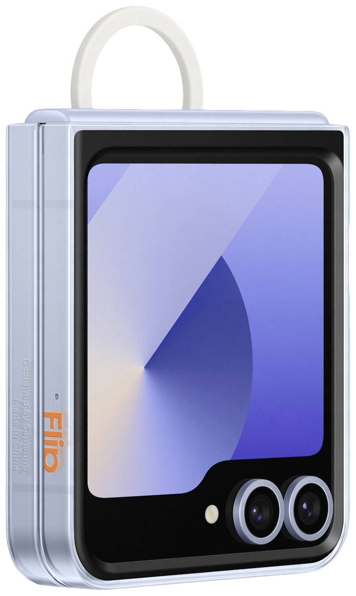 Składany smartfon z dużym wyświetlaczem czołowym i dwoma kamerami; nowoczesny design z zaokrąglonymi narożnikami i niebieską obudową.