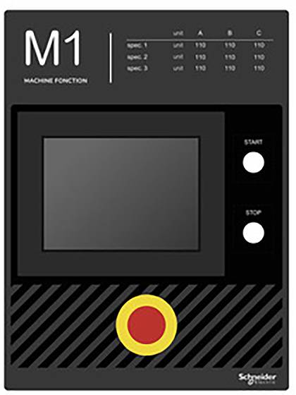 'Urządzenie sterujące z ekranem, przyciskami Start i Stop oraz dużym czerwonym przyciskiem awaryjnym na dole. Etykieta: M1 Machine Fonction.'