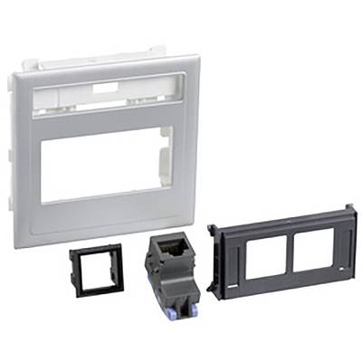 Zestaw akcesoriów montażowych do gniazd ściennych, obejmujący srebrną ramkę, czarny adapter oraz gniazdo RJ45.