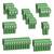 Zielone zaciski śrubowe o różnych rozmiarach i liczbie złączy, przeznaczone do połączeń elektrycznych, na białym tle.
