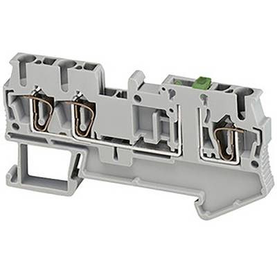 Szaro-zielony elektryczny blok zacisków szeregowych z metalowymi stykami i mocowaniem, służący do łączenia przewodów w szafach elektrycznych.