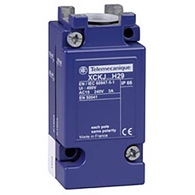 Niebieski przemysłowy wyłącznik krańcowy firmy Telemecanique, model XCKJ, z techniczną specyfikacją napięcia i natężenia prądu.