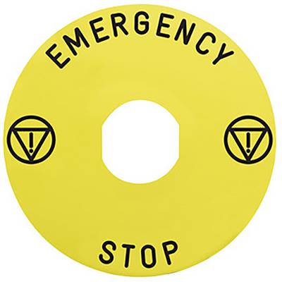 Żółty pierścień awaryjnego wyłącznika z czarnym tekstem 'EMERGENCY STOP' oraz symbolami ostrzegawczymi po lewej i prawej stronie.