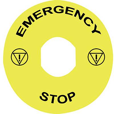 Wyłącznik awaryjny z żółtym przyciskiem i czarnym napisem 'EMERGENCY STOP' oraz symbolami ostrzegawczymi.