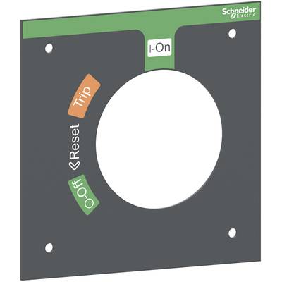 Szara tablica sterownicza z białym wycięciem, zielonym i pomarańczowym napisem: 'I-On', 'Trip', 'Reset', 'Off'. Logo Schneider Electric.