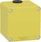 Żółte elektryczne pudełko rozdzielcze z wkrętami w narożnikach i logo 'Schneider Electric' na przedniej ściance.