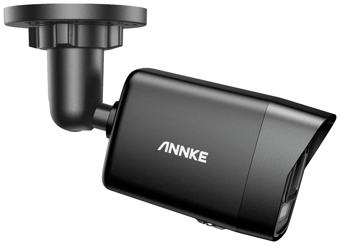 Czarna kamera monitoringu z mocowaniem naściennym, przedstawiona z boku.