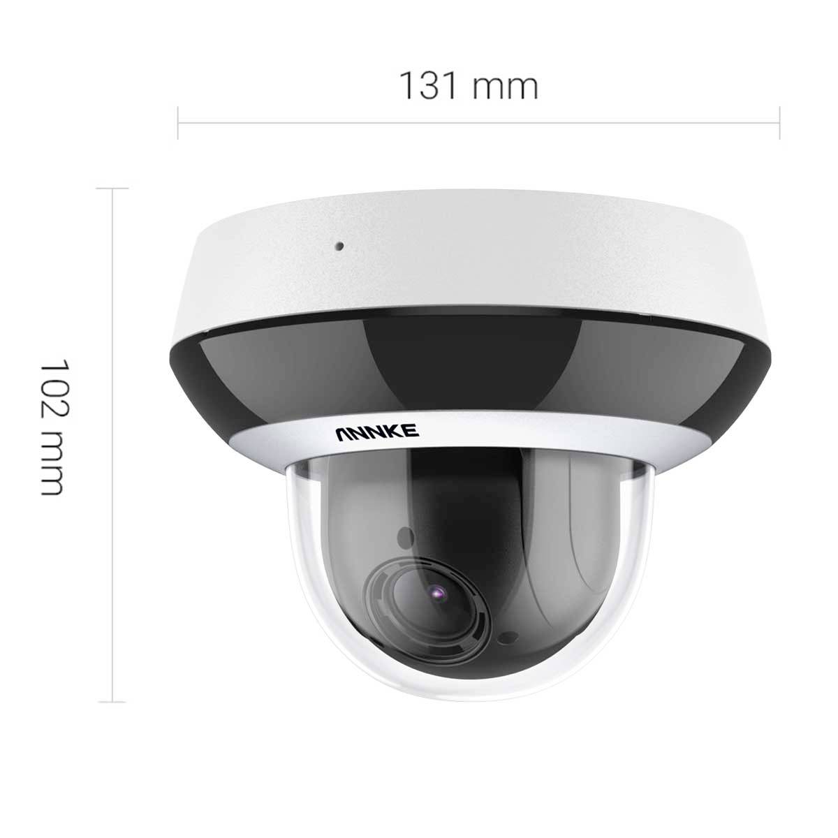 Kamera nadzoru o kształcie kuli, o wysokości 102 mm i szerokości 131 mm, przedstawiona z jednostkami miary.