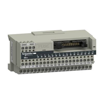Szary elektryczny blok zaciskowy firmy Schneider Electric z zaciskami i oznaczeniami. Widoczne wejścia dla 24VDC i 0VDC.