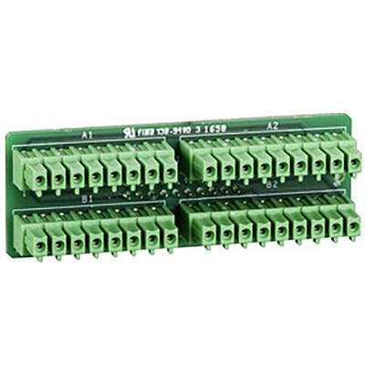 Zielona elektroniczna karta przyłączeniowa z wieloma rzędami zacisków, oznaczona etykietami 'A1', 'A2', 'B1' i 'B2'. Służy do podłączania przewodów.