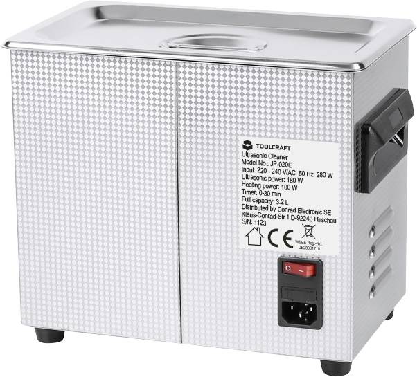 Metalowy oczyszczacz ultradźwiękowy z panelem sterowania i etykietą energetyczną z boku.