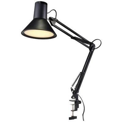 Czarna lampa biurkowa z regulowanym ramieniem, zamocowana na krawędzi, świecąca w dół. Idealna do przestrzeni roboczych.