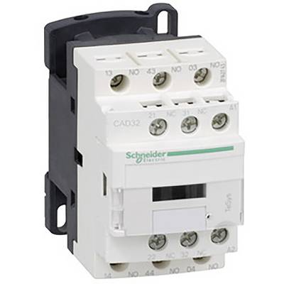 Elektryczny przekaźnik firmy Schneider Electric, model CAD32, przedstawia kilka zacisków przyłączeniowych i czarną wkładkę zatrzaskową.