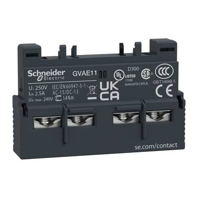 Elektryczny moduł firmy Schneider Electric, model GVAE11, z tekstem technicznym. Przeznaczony dla napięcia 250V i natężenia 1,25A. Posiada różne logo certyfikacyjne.