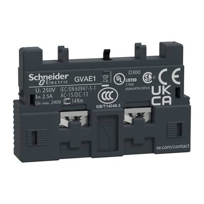 'Schneider Electric GVAE1' dodatkowy blok styków, 2-biegunowy, zakres napięcia do 240V, natężenie prądu 2,5A, oznaczenia CE i UKCA.