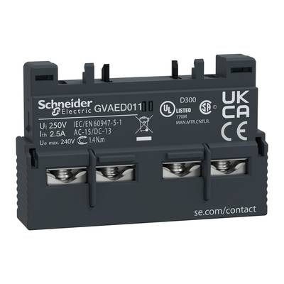 Schneider Electric GVAEOD111 blok przyłączeniowy z 1NO+1NC stykami, 240 V, 2,5 A. Certyfikaty: UL i CE. Strona producenta: se.com/contact.