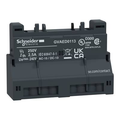 'Schneider Electric GVAE0113' to elektryczny element wyposażenia dodatkowego, oznaczony napięciem 250V i natężeniem prądu 2,5A, przeznaczony do zastosowań przemysłowych.