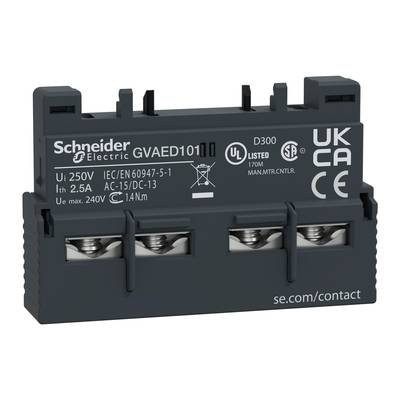 Komponenty przemysłowe z oznaczeniem 'Schneider Electric GVAE1O11', specyfikacje napięcia i natężenia prądu, oznakowanie CE.