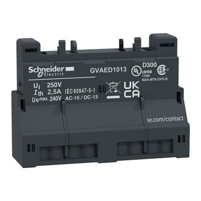 Przełącznik firmy Schneider Electric, numer modelu GVAED1013, do prądu stałego 240V, certyfikowany zgodnie z normą IEC 60947-5-1.