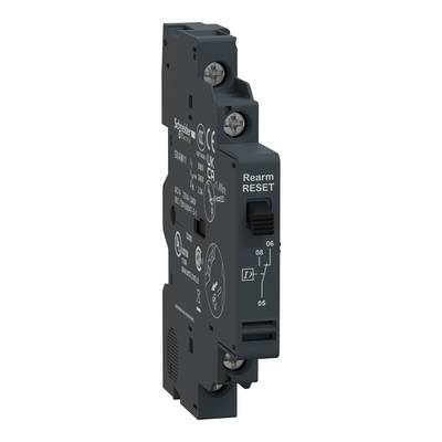 Czarny wyłącznik prądowy firmy Schneider Electric z napisem 'Rearm RESET'. Na urządzeniu widoczne są symbole i dane techniczne.