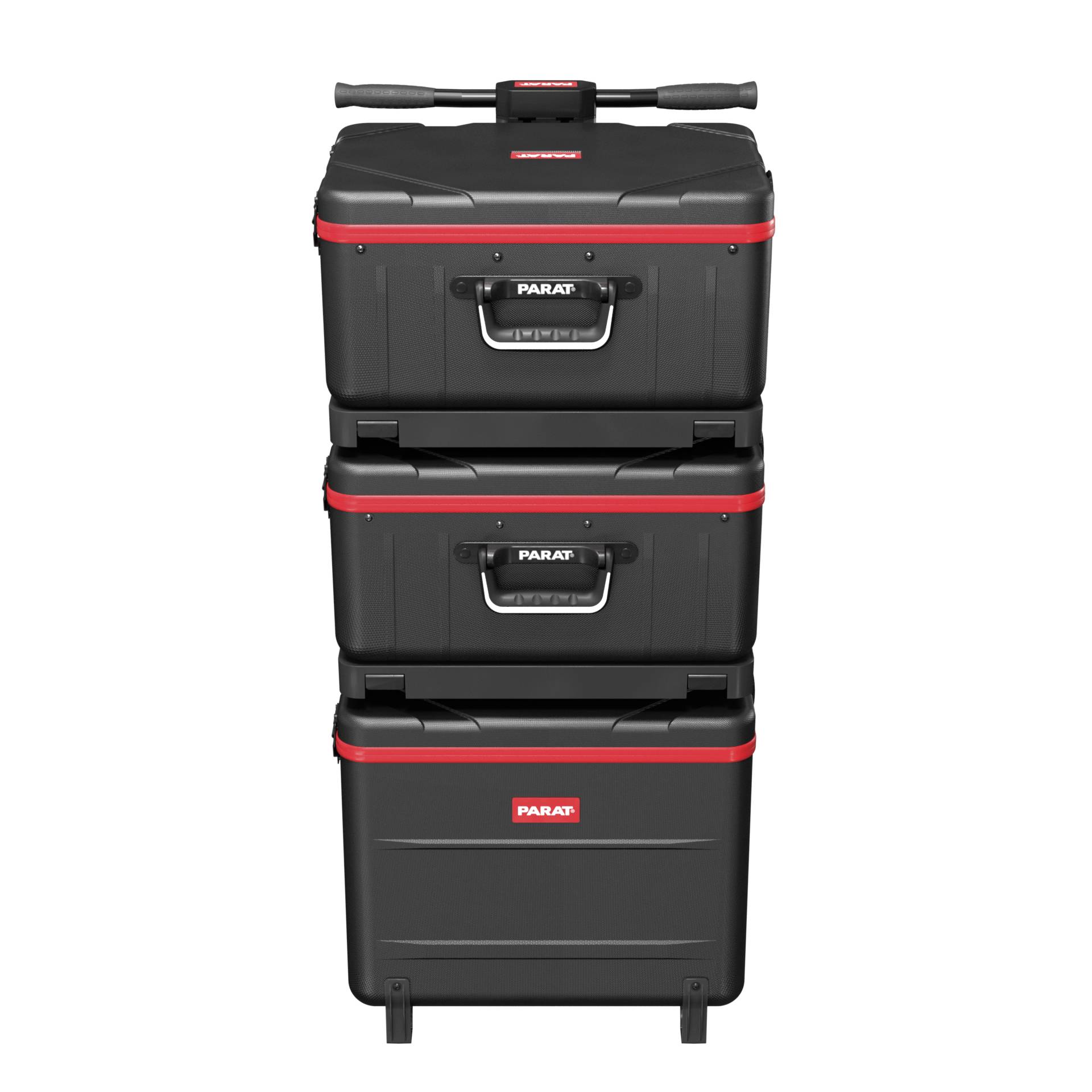 Trzy czarne walizki na narzędzia z czerwonymi akcentami stoją ułożone jedna na drugiej. Każda walizka posiada uchwyt i zamek.