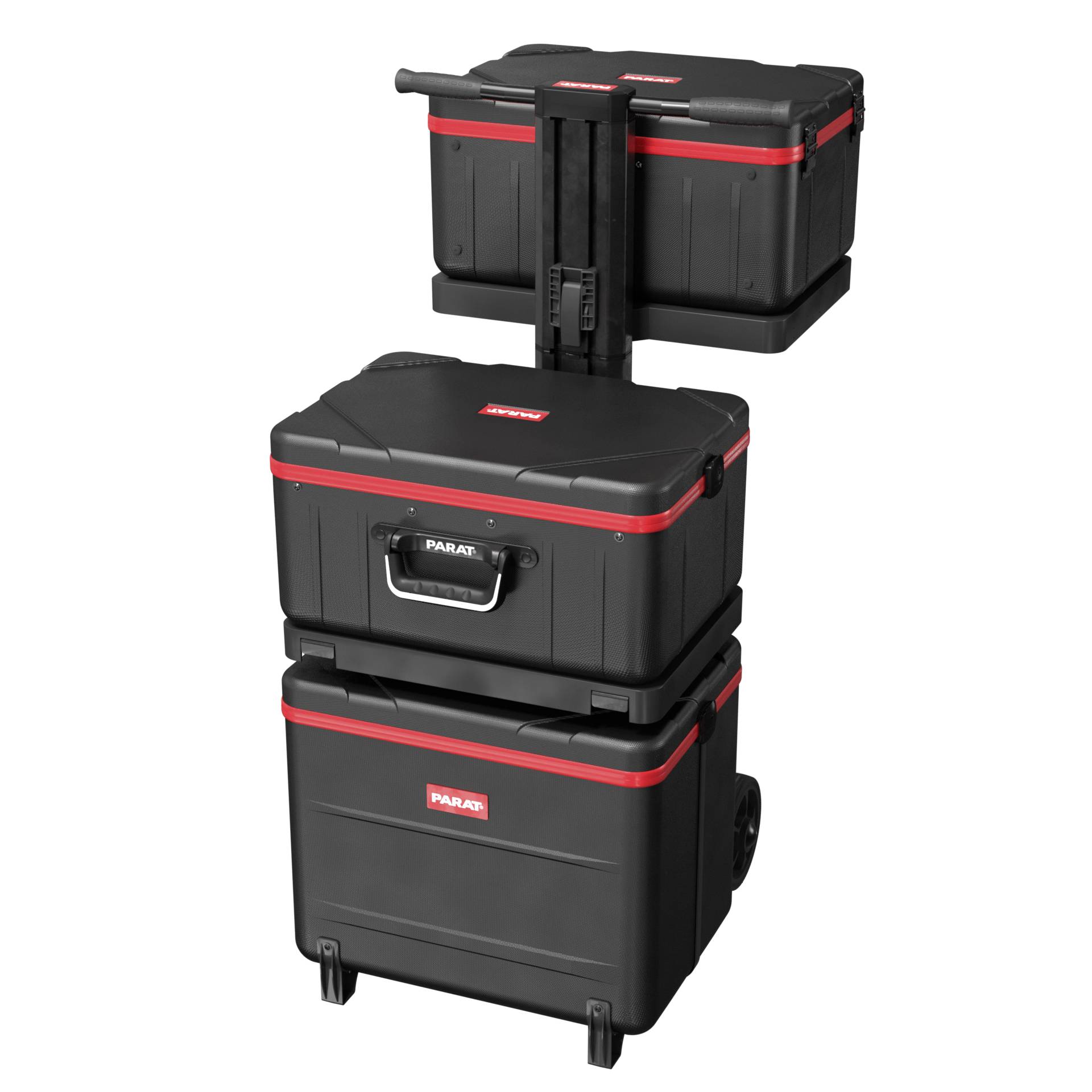System magazynowy składający się z trzech czarnych walizek narzędziowych na kółkach, z czerwonymi akcentami, przeznaczony do transportu i organizacji narzędzi.
