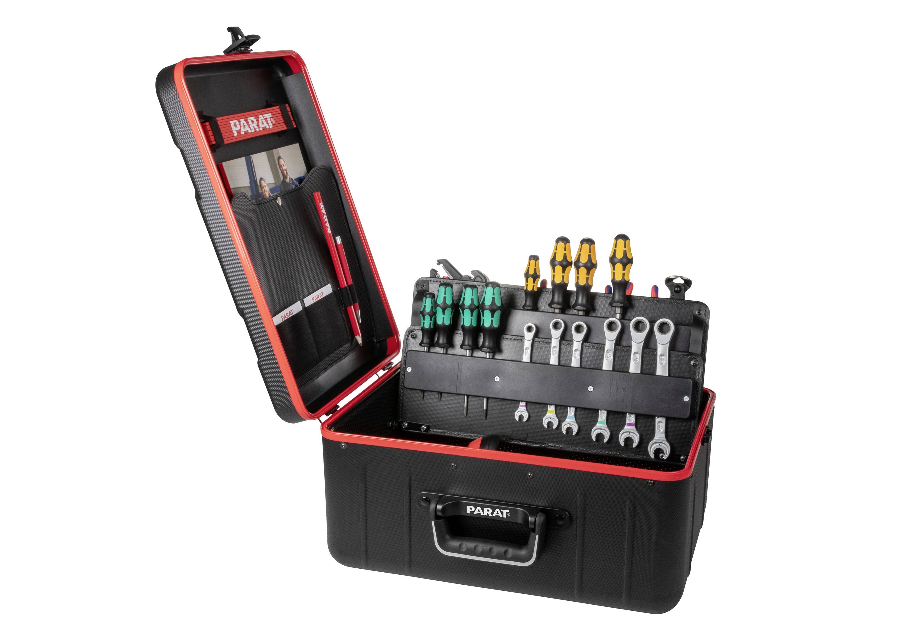'Otwarta skrzynka narzędziowa z widocznymi rzędami śrubokrętów i kluczy, oznaczona logo PARAT.'