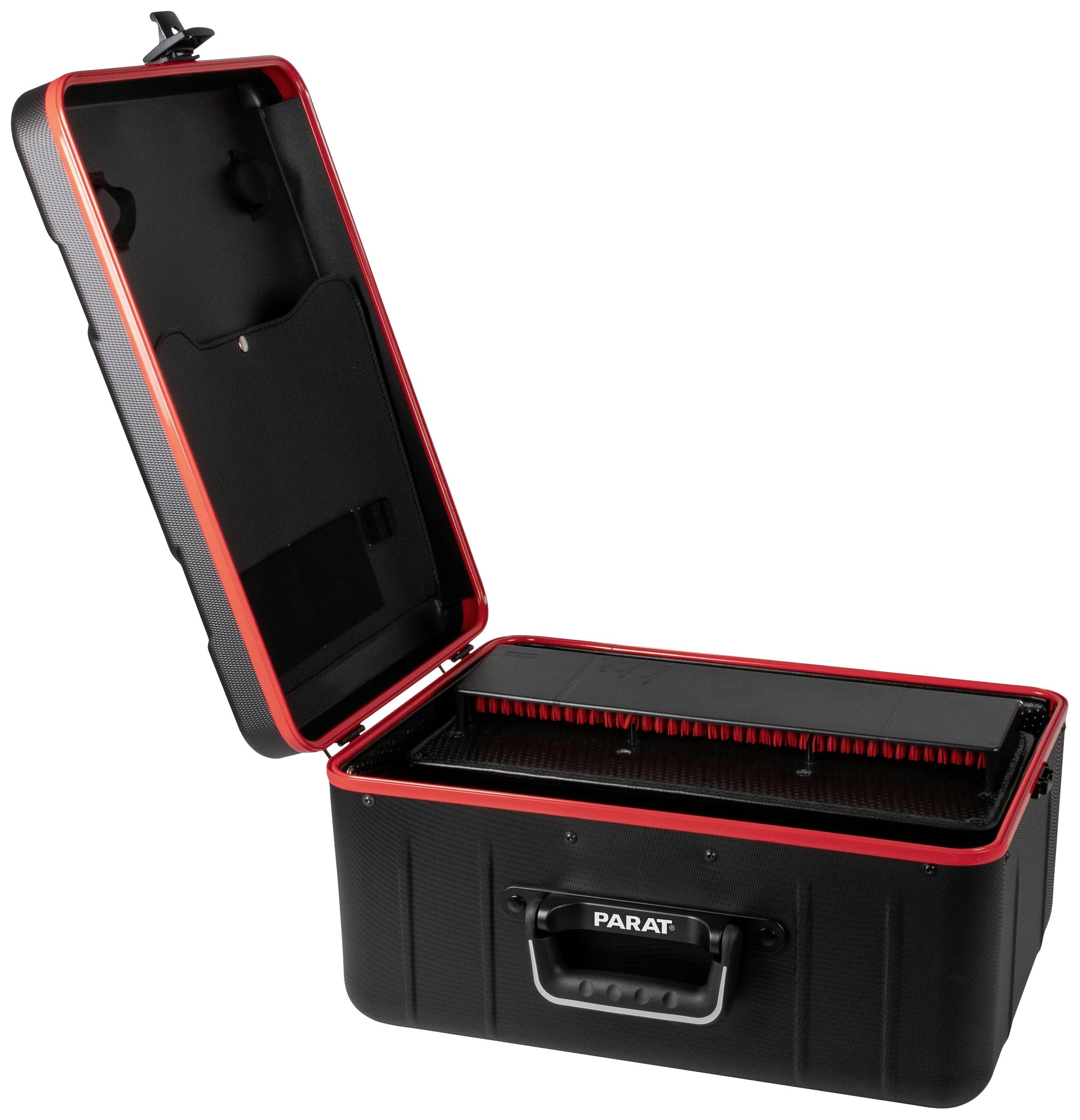 Otwarty, czarny kufer na narzędzia z czerwoną krawędzią i uchwytem do przenoszenia, prezentujący wewnątrz przegrodę oraz wsuwy do przechowywania narzędzi.