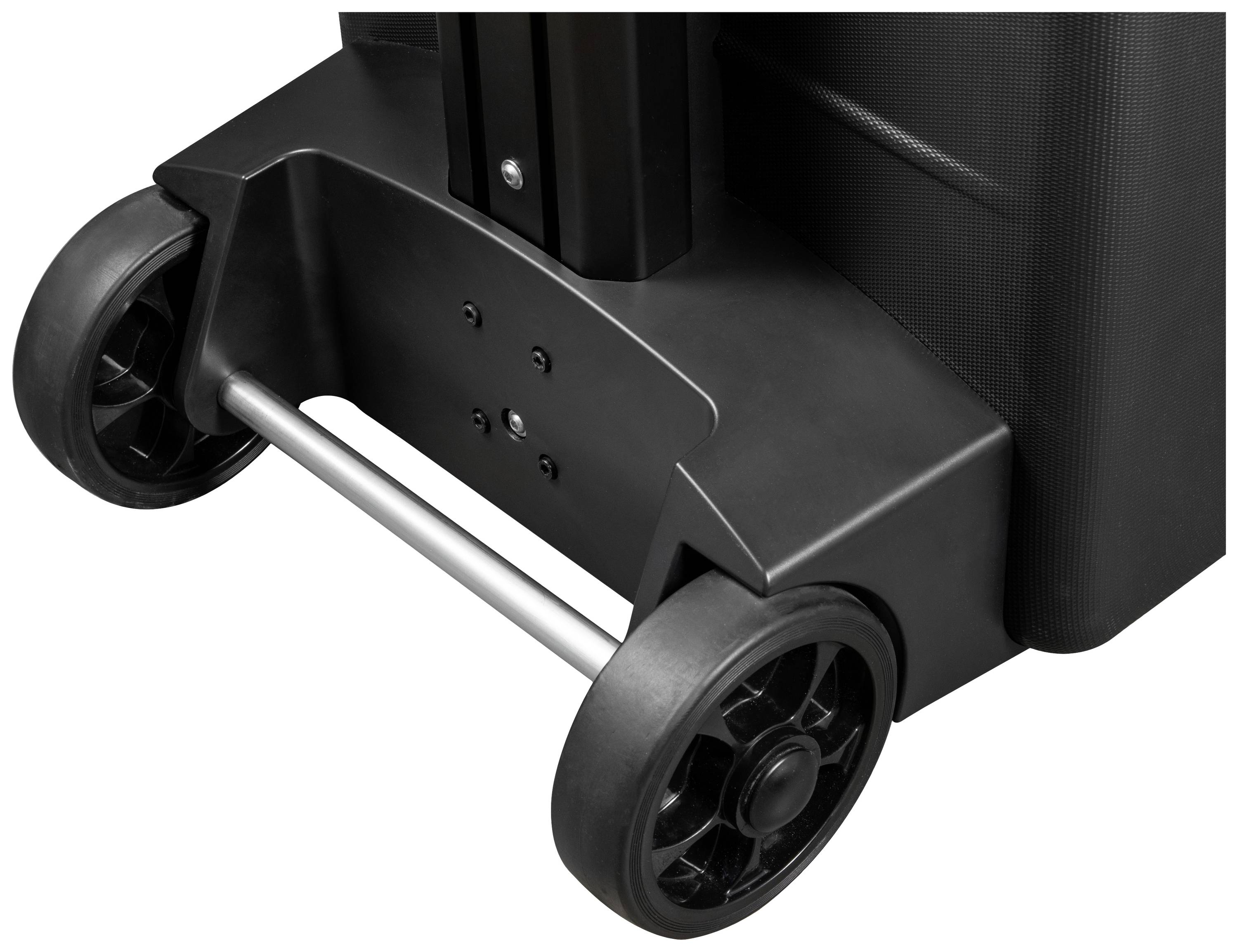 Czarna obudowa z twardego plastiku wyposażona w dwa solidne, czarne koła, które zapewniają elastyczność i łatwość przemieszczania.