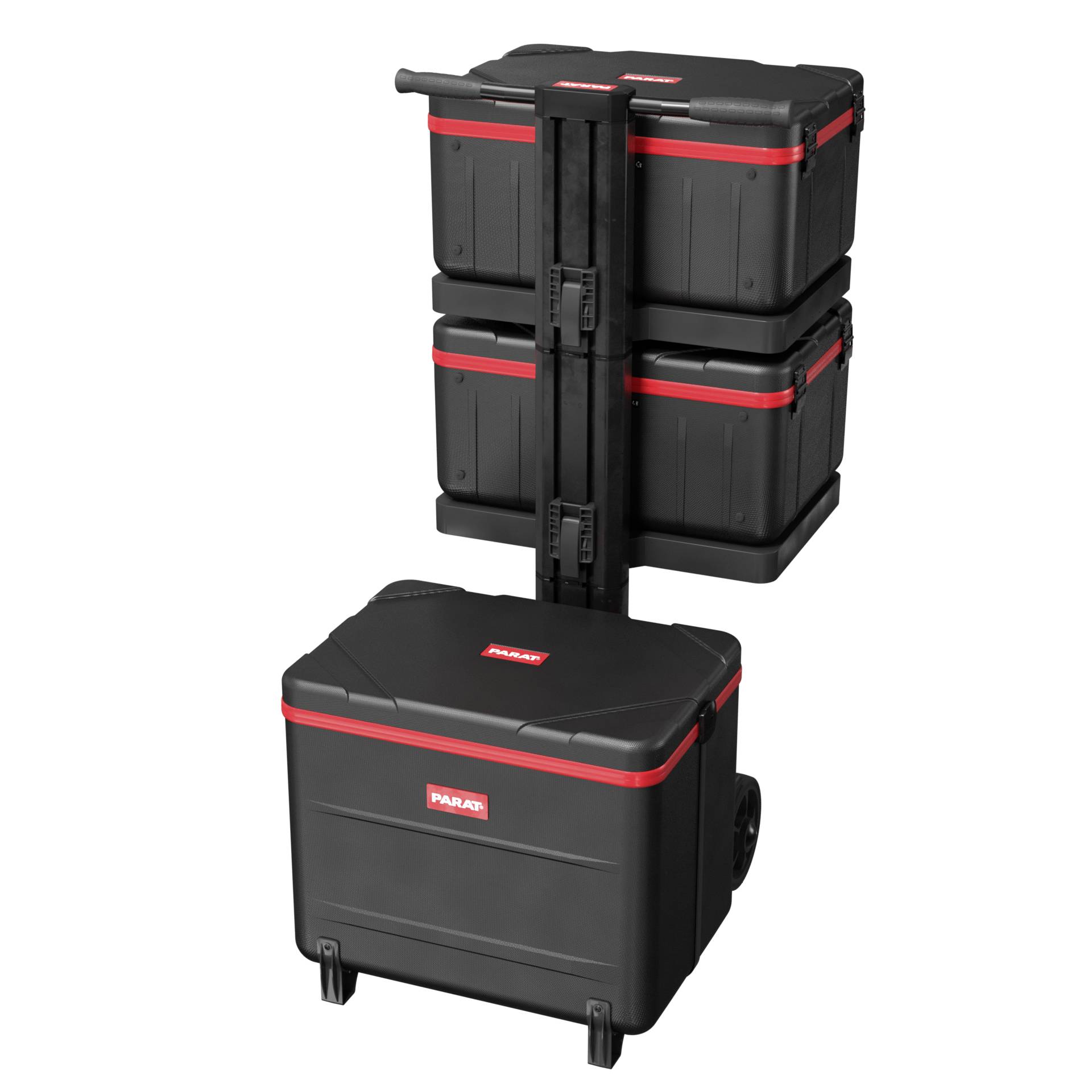 Czarny, składany zestaw skrzynek narzędziowych z czerwonymi akcentami. Trzy skrzynki na wózku jezdnym, zapewniające wygodny transport narzędzi.