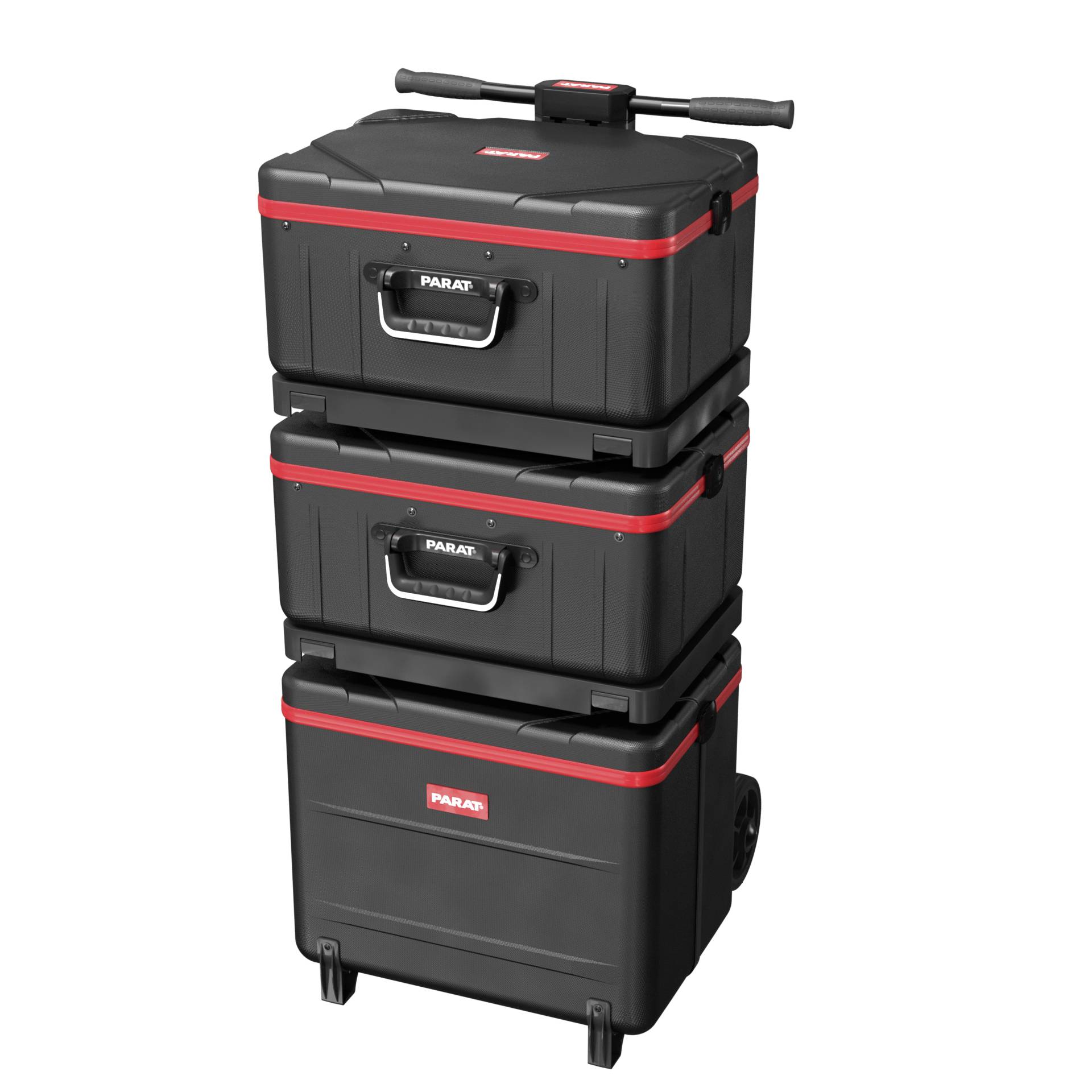 Czarny, trzyczęściowy system walizek na narzędzia z czerwonymi akcentami i uchwytami, przeznaczony do układania w stos i transportu narzędzi.