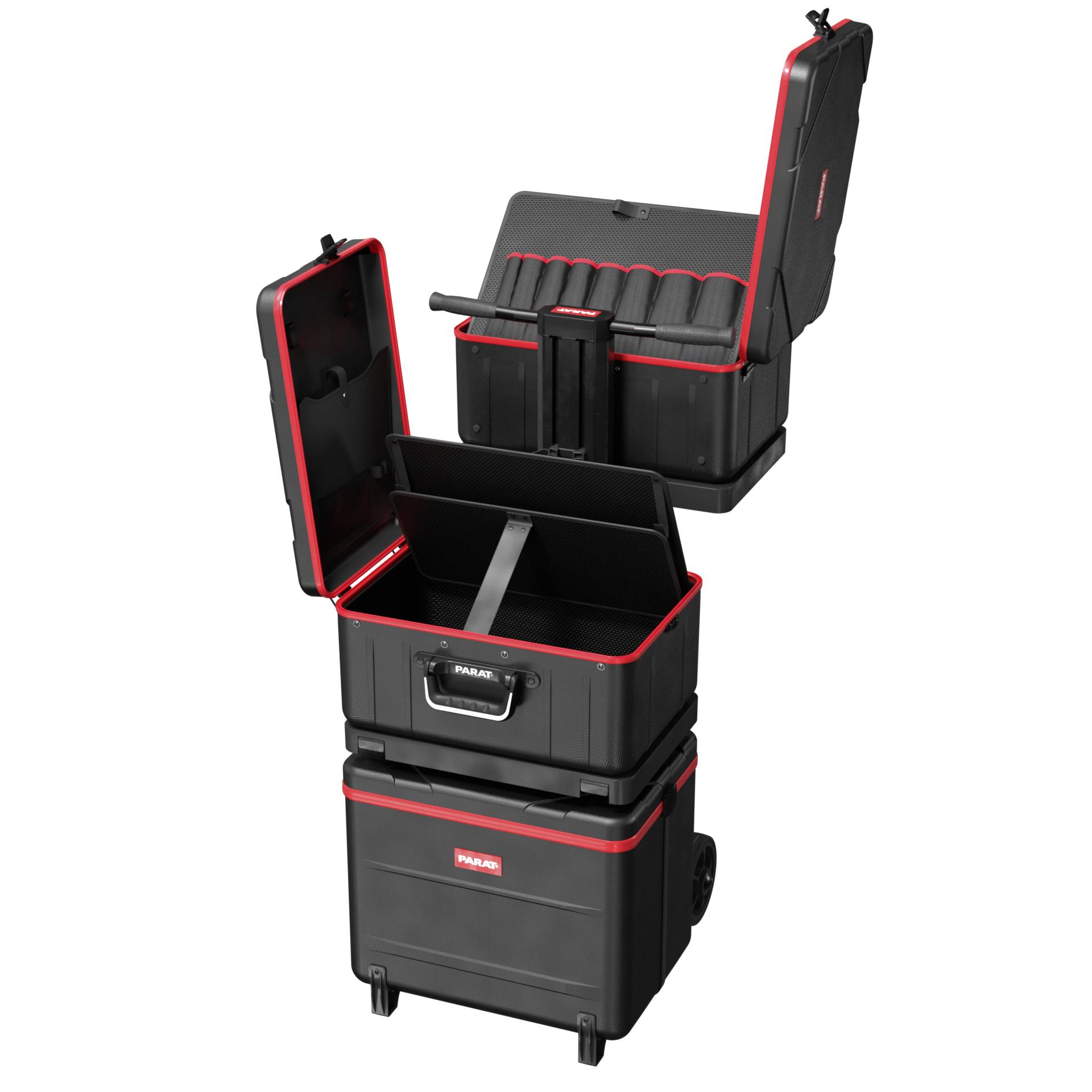 Czarny, składany walizka na narzędzia z czerwoną obramówką, otwarta i częściowo wsuwana jedna w drugą. Zawiera wyjmowane wkładki.