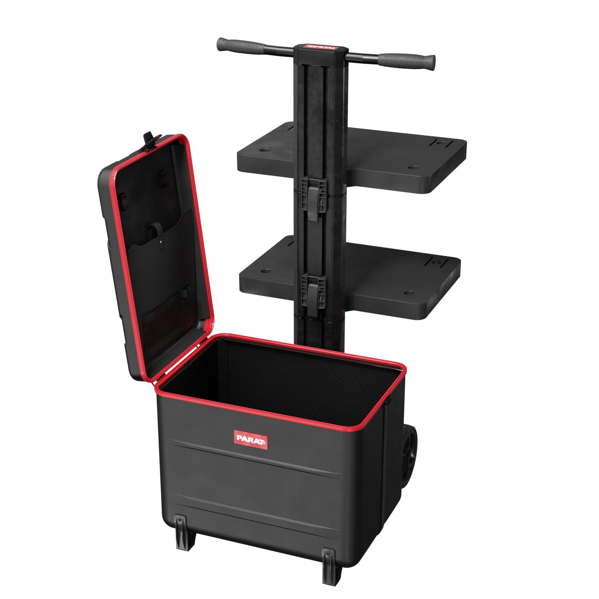 Duży, otwarty wózek narzędziowy z czerwonymi akcentami i dwiema półkami na stelażu. Idealny do przechowywania i transportu narzędzi.