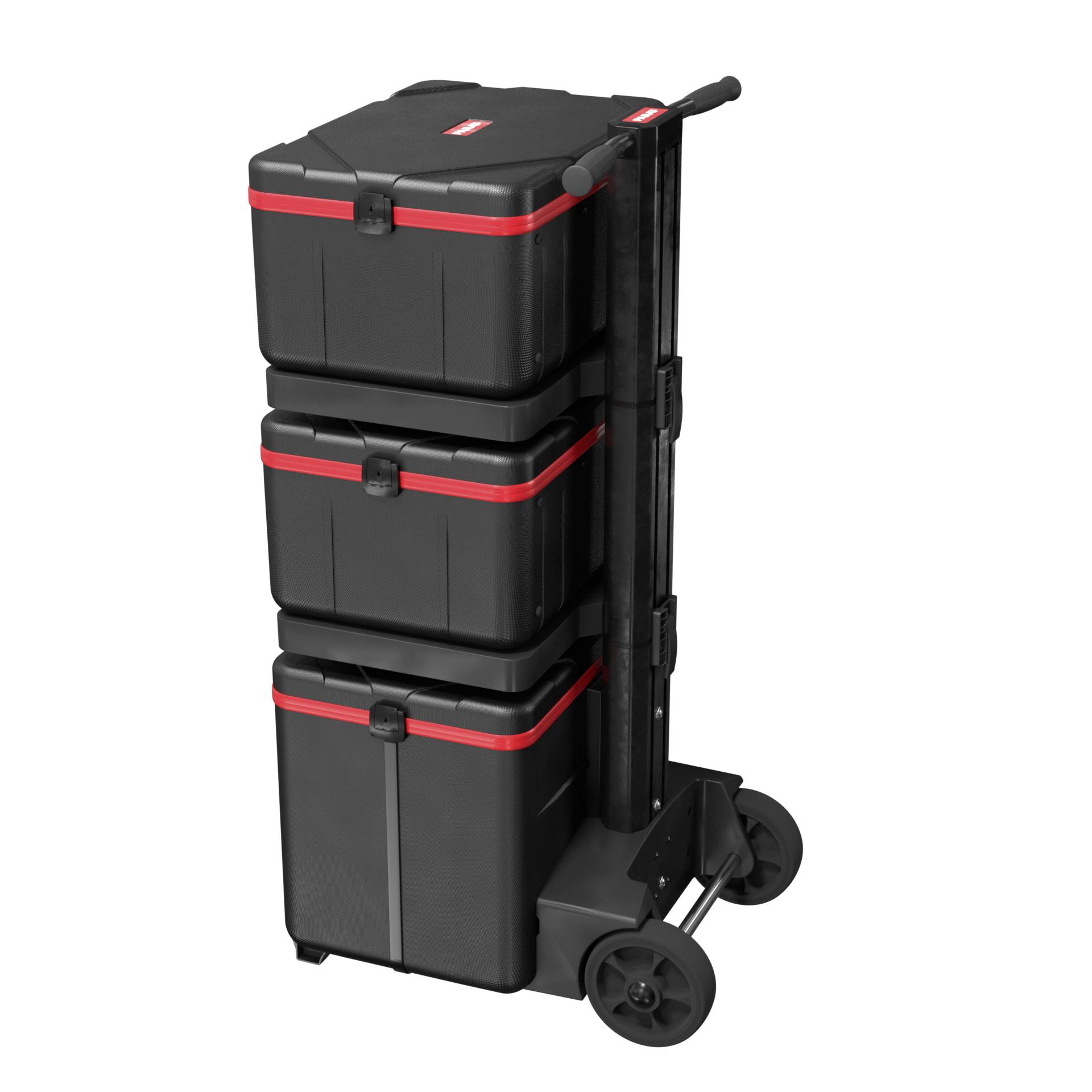 Mobilny wózek warsztatowy z trzema składowanymi, czarnymi skrzyniami na kółkach. Przeznaczony do przechowywania i transportu narzędzi.