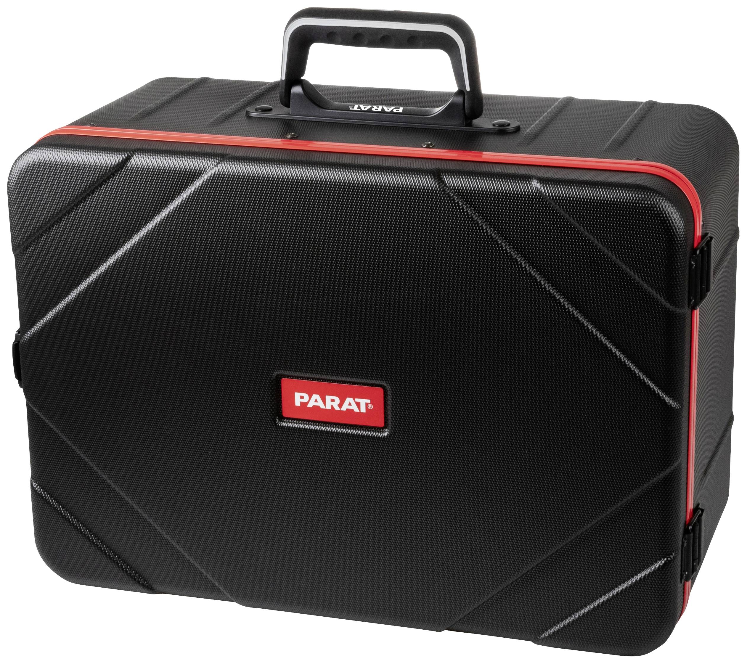Czarny walizka na narzędzia z czerwoną obwódką i logo 'PARAT' pośrodku. Walizka posiada uchwyt do przenoszenia i wzmocnione narożniki.
