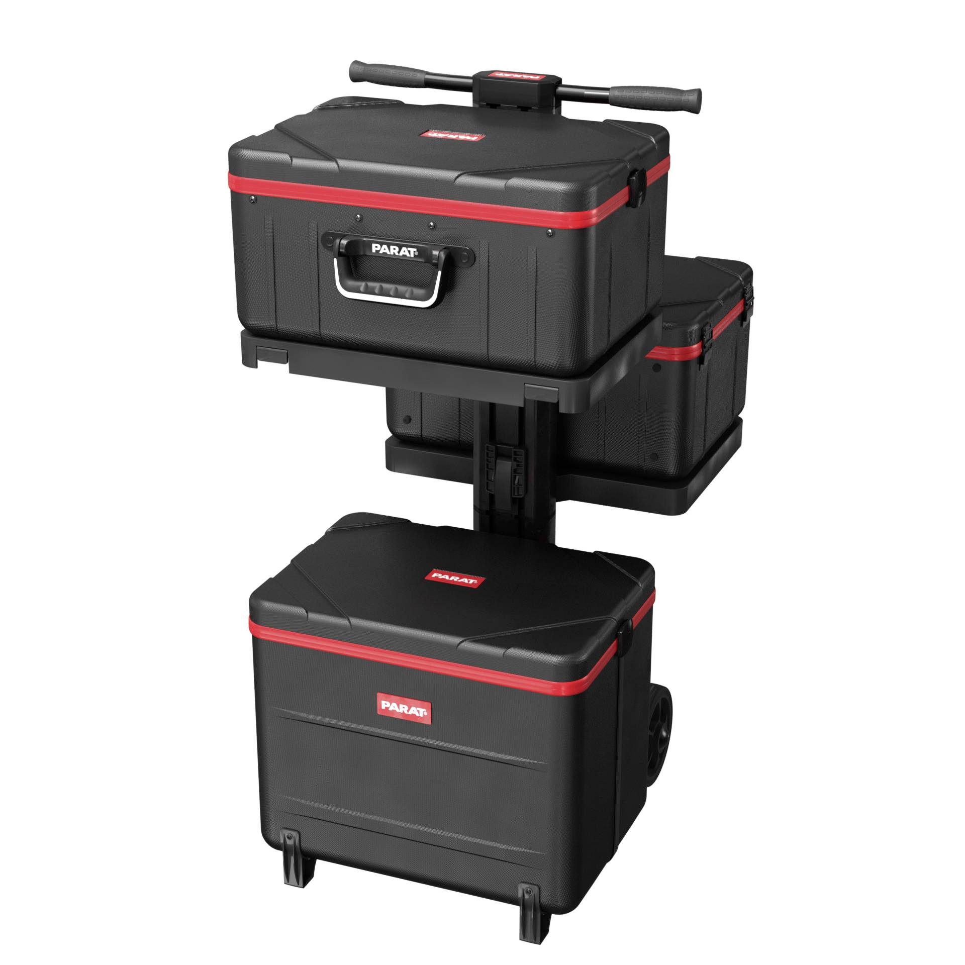 Wózek na narzędzia z trzema czarnymi skrzynkami, czerwonymi akcentami i wysuwaną rączką. Skrzynki są ułożone jedna na drugiej.