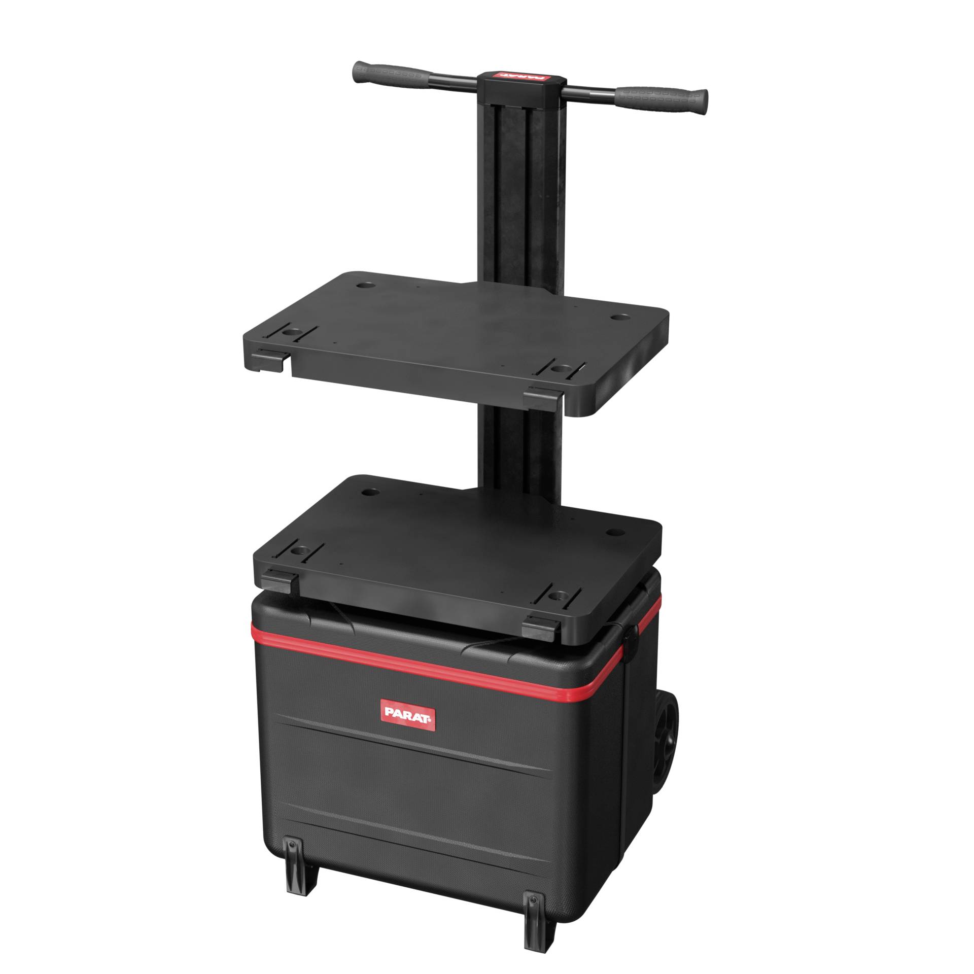 Przenośna skrzynka narzędziowa z dwoma przegródkami i wysuwaną rączką, przeznaczona do transportu narzędzi i materiałów.